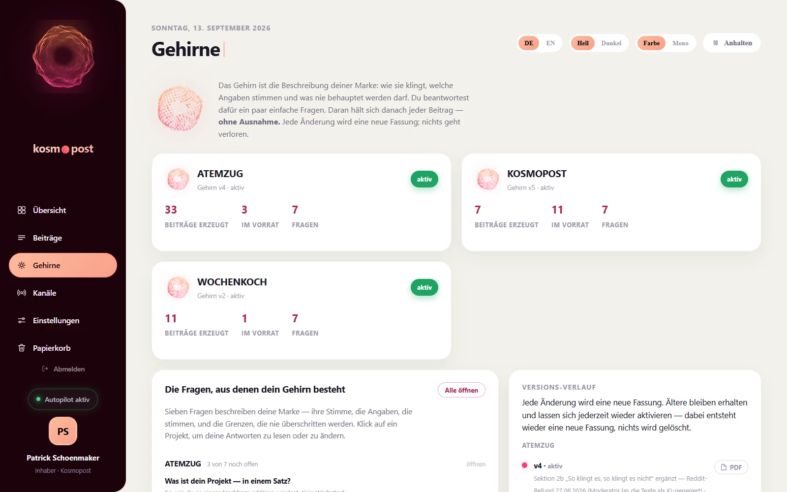 Die Seite „Gehirne“ von Kosmopost mit den Regeln je Projekt